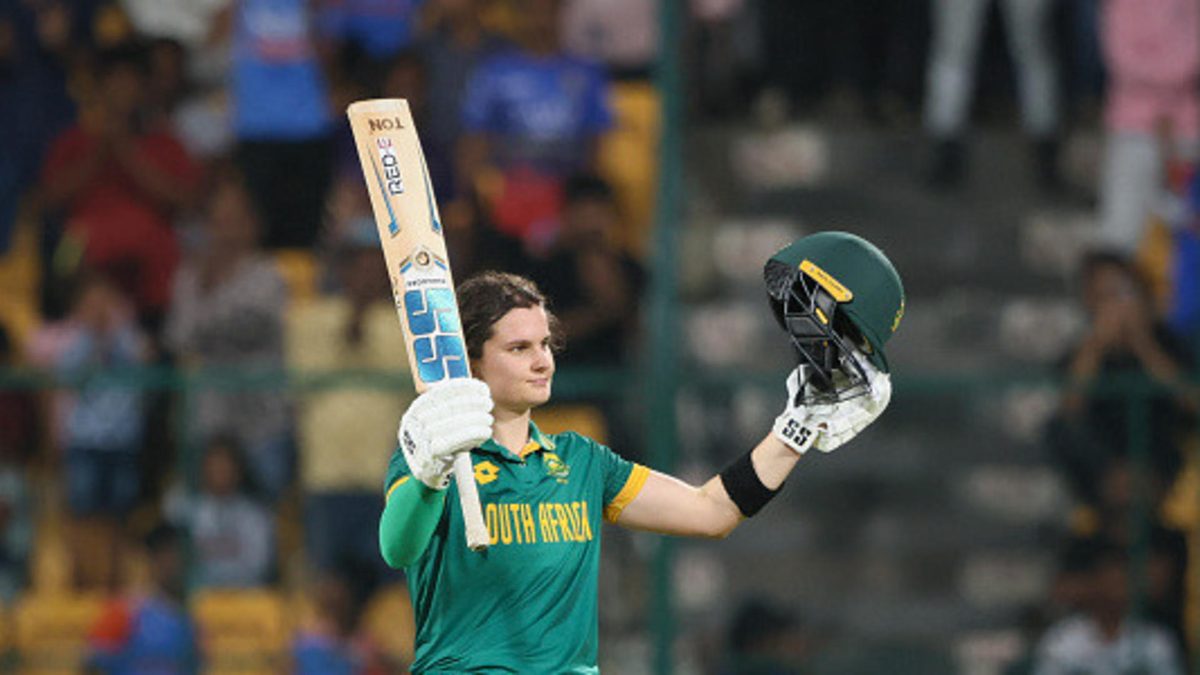 Laura Wolvaardt, captain of South Africa celebrates scoring a century during game two of the ODI series between India and South Africa at M. Chinnaswamy Stadium.