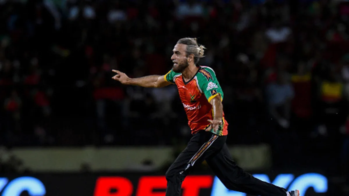 Imran Tahir of Guyana Amazon Warriors celebrates the dismissal of Darren Bravo of Trinbago Knight Riders during the Men's 2025 Republic Bank Caribbean Premier League Final match 34 between Guyana Amazon Warriors and Trinbago Knight Riders at Guyana National Stadium on September 21, 2025 in Providence, Guyana