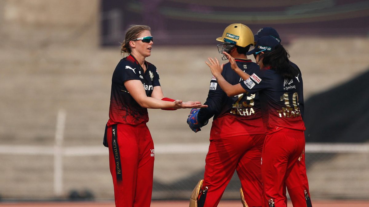Heather Knight of Royal Challengers Bangalore celebrates the wicket of Shafali Verma of Delhi Capitals during the WPL 2023 match between Royal Challengers Bangalore and Delhi Capitals at Brabourne Stadium on March 5, 2023 in Mumbai, India