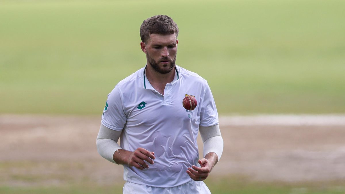 Wiaan Mulder of South Africa during day 5 of the 1st test match between West Indies and South Africa at Queen's Park Oval on August 11, 2024 in Port of Spain, Trinidad and Tobago