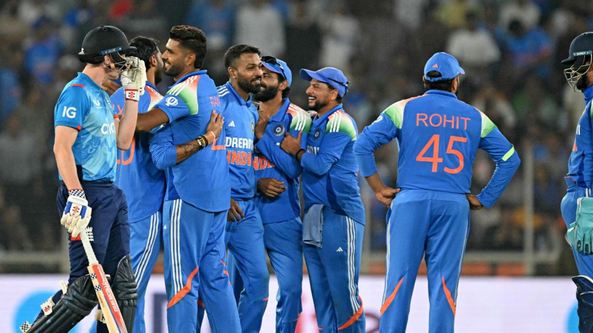 India's players celebrate after the dismissal of England's Harry Brook during the third one-day international (ODI) cricket match between India and England at the Narendra Modi Stadium in Ahmedabad on February 12, 2025.