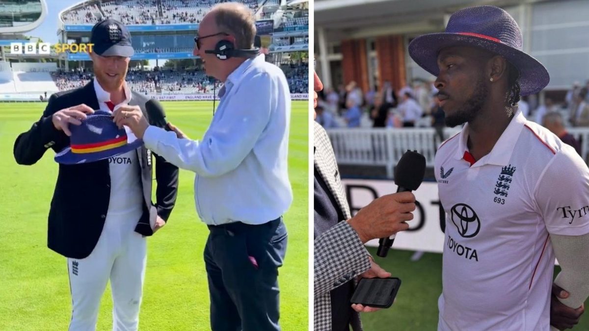 Jonathan Agnew presents Ben Stokes with a hat after losing a bet (L), Jofra Archer wearing that hat (R)