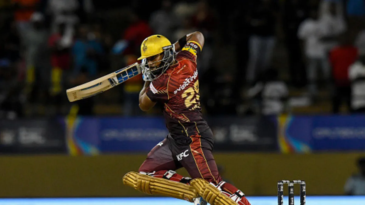 Nicholas Pooran of Trinbago Knight Riders hits 4 during the Men's 2025 Republic Bank Caribbean Premier League Eliminator, match 31 between Trinbago Knight Riders and Antigua and Barbuda Falcons at Guyana National Stadium on September 16, 2025 in Providence, Guyana
