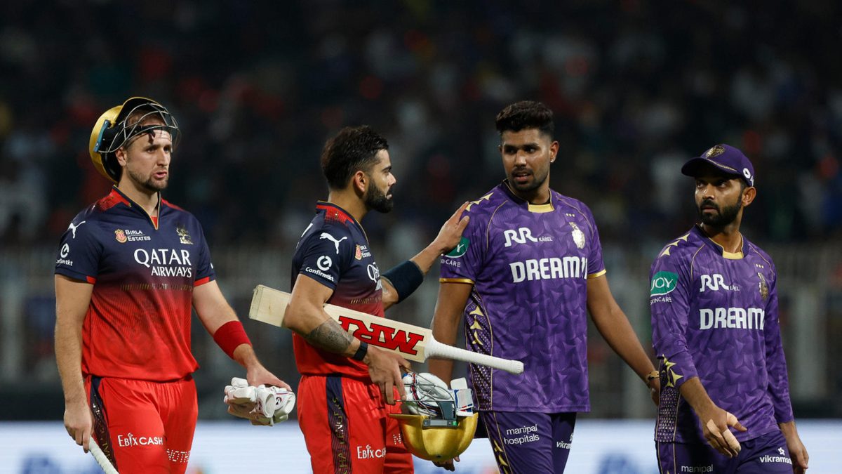 Liam Livingstone and Virat Kohli of Royal Challengers Bengaluru celebrate their team's win over Kolkata Knight Riders during the 2025 IPL match between Kolkata the Knight Riders and Royal Challengers Bengaluru on March 22, 2025, in Kolkata, India