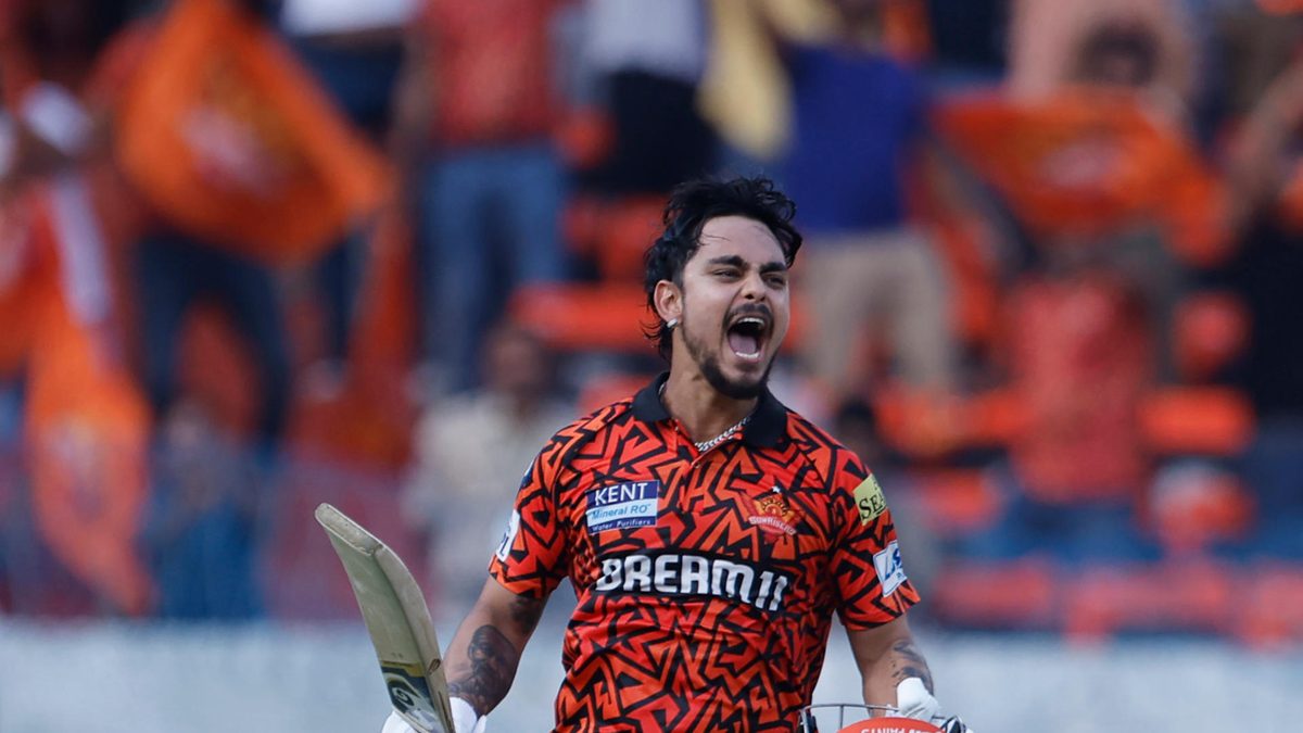 Ishan Kishan of Sunrisers Hyderabad celebrates after scoring a hundred during the 2025 IPL match between Sunrisers Hyderabad and Rajasthan Royals on March 23, 2025, in Hyderabad, India