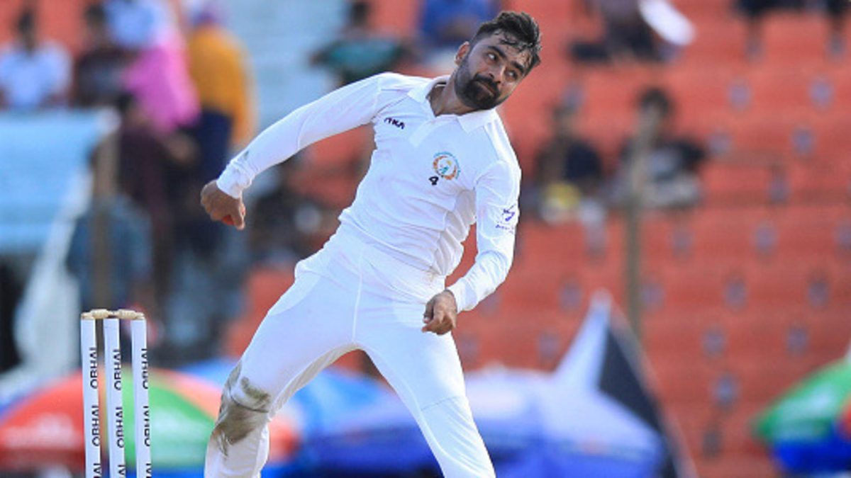 Afghanistan cricketer Rashid Khan in action during one-off cricket Test match between Afghanistan vs Bangladesh at the Zohur Ahmed Chowdhury Stadium in Chittagong. Afghanistan won by 224 runs