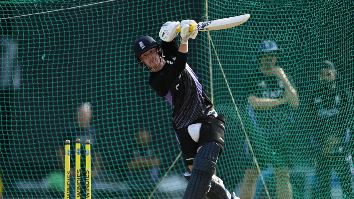 Jordan Cox of England bats during a nets session at Sir Vivian Richards Stadium on October 30, 2024 in Antigua, Antigua and Barbuda
