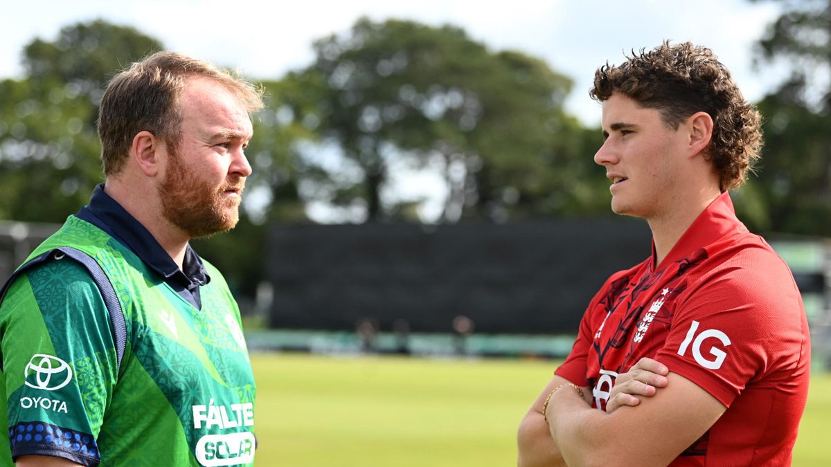 England captain Jacob Bethell speaks with Ireland captain Paul Stirling at Malahide Cricket Club on September 16, 2025 in Dublin, Ireland