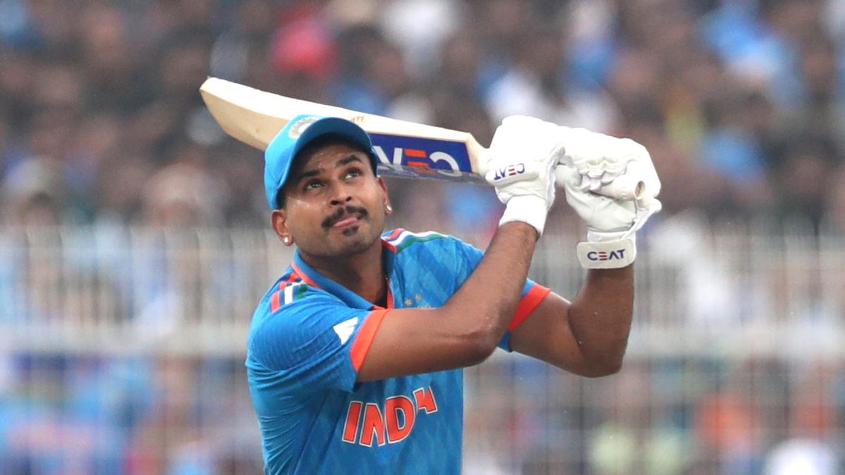 India's Shreyas Iyer plays a shot during the ICC Men's Cricket World Cup India 2023 between India and South Africa at Eden Gardens on November 5, 2023 in Kolkata, India