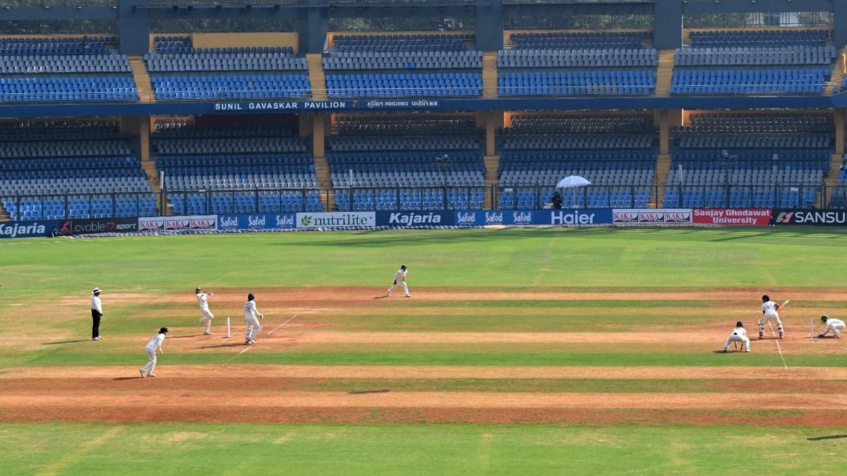 First-class cricket taking place at the Wankhede Stadium in Mumbai, India