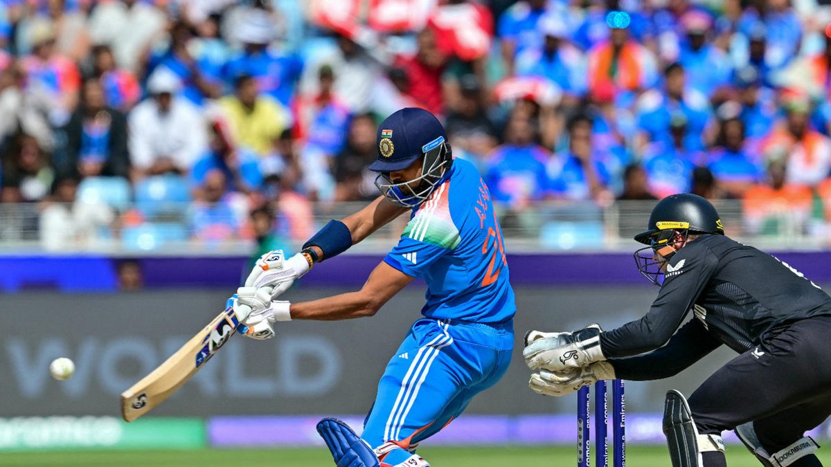 India's Axar Patel plays a shot during the ICC Champions Trophy one-day international (ODI) cricket match between New Zealand and India at the Dubai International Stadium in Dubai on March 2, 2025