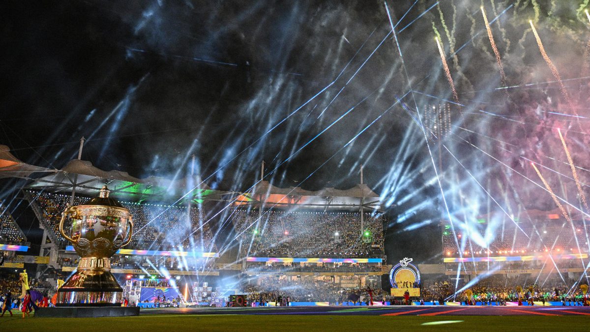 Fireworks explode over the MA Chidambaram Stadium during the opening ceremony of the Indian Premier League (IPL) before the start of Twenty20 cricket match between Chennai Super Kings and Royal Challengers Bangalore, in Chennai on March 22, 2024