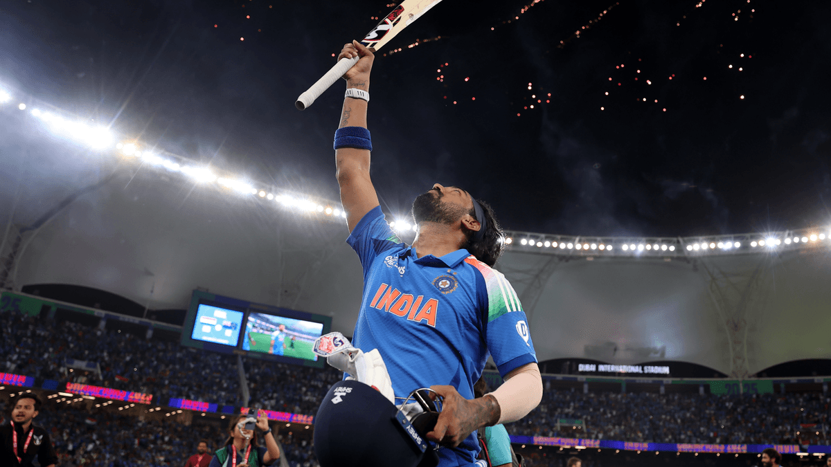KL Rahul celebrates following India's win in the Champions Trophy final