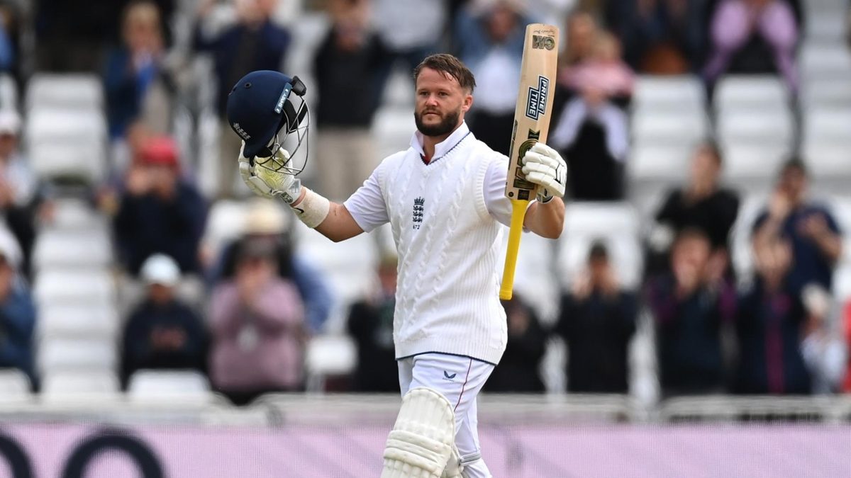 Ben Duckett raises his bat after reaching his hundred against Zimbabwe at Trent Bridge