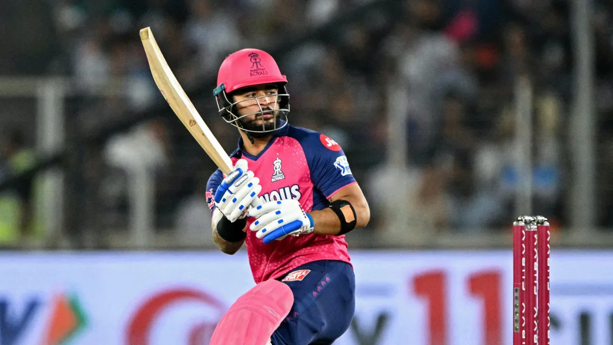 Rajasthan Royals' Riyan Parag plays a shot during the Indian Premier League (IPL) Twenty20 cricket match between Gujarat Titans and Rajasthan Royals at the Narendra Modi Stadium in Ahmedabad on April 9, 2025