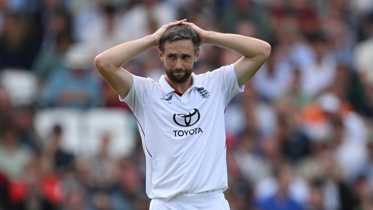 Chris Woakes of England reacts during Day One of the 5th Rothesay Test Match between England and India at The Kia Oval on July 31, 2025 in London, England