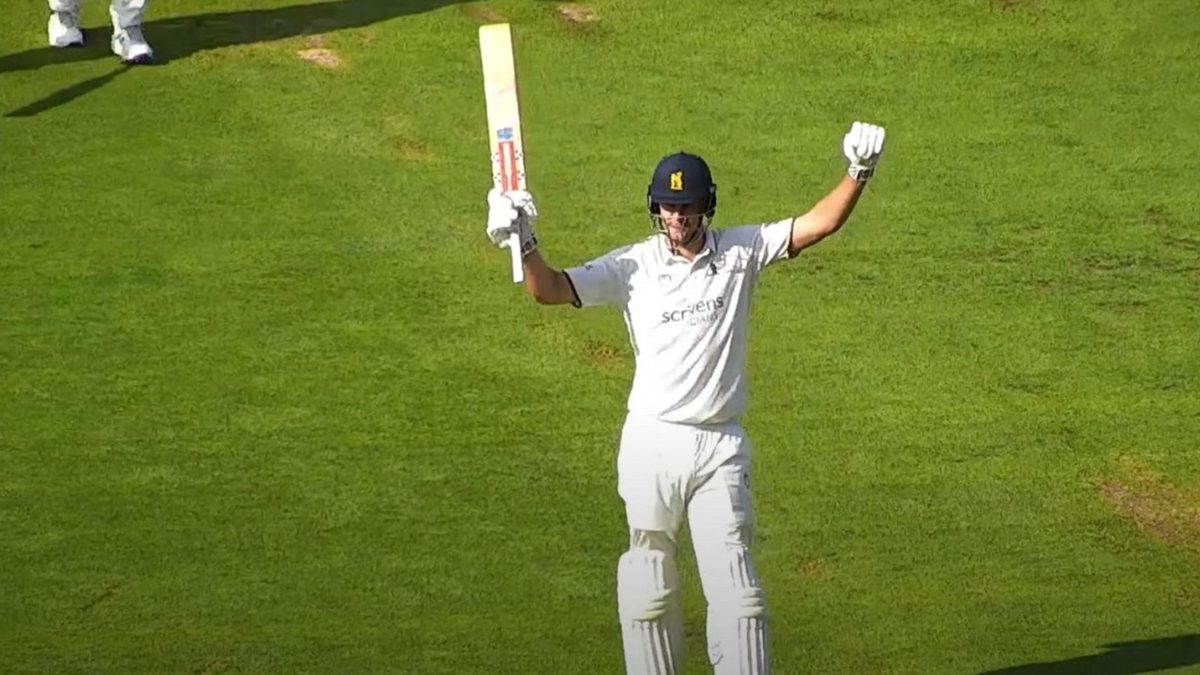 Australia Test all-rounder Beau Webster celebrates his hundred for Warwickshire against Worcestershire
