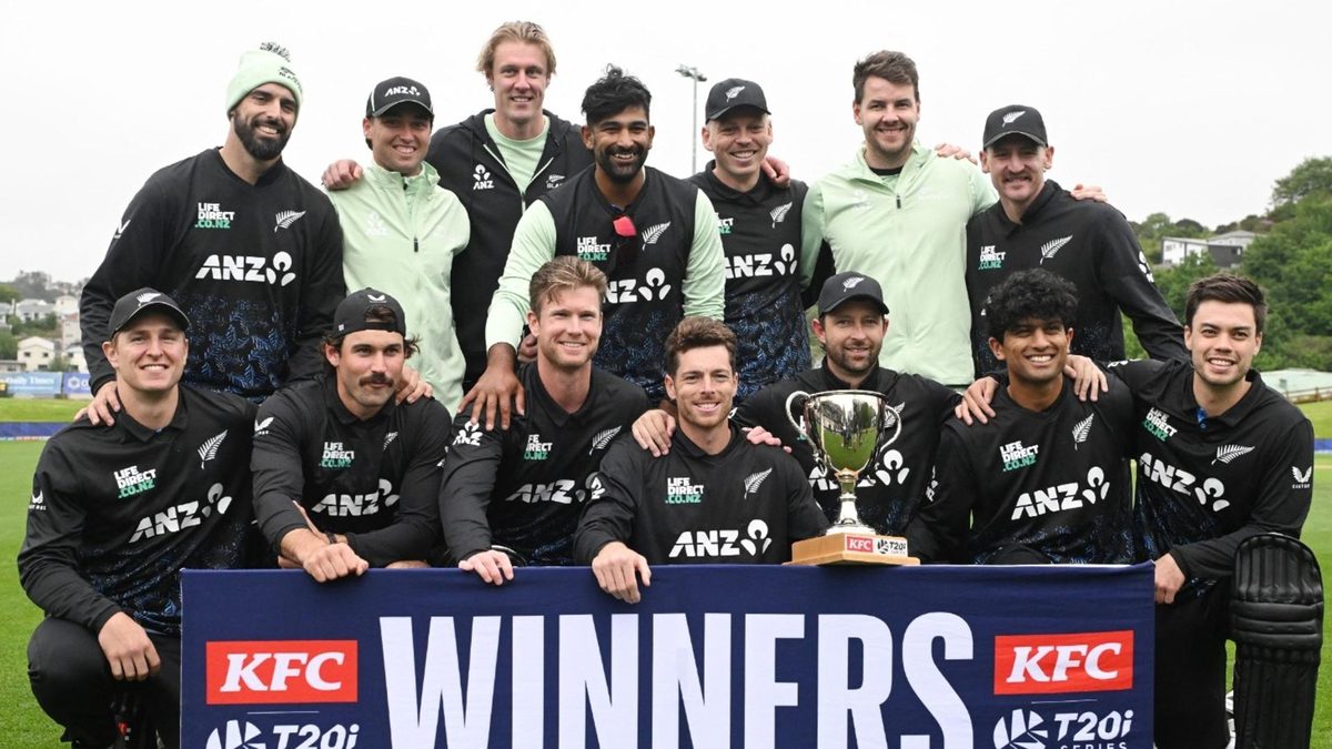 New Zealand pose in front of winner sign after T20I series win over West Indies