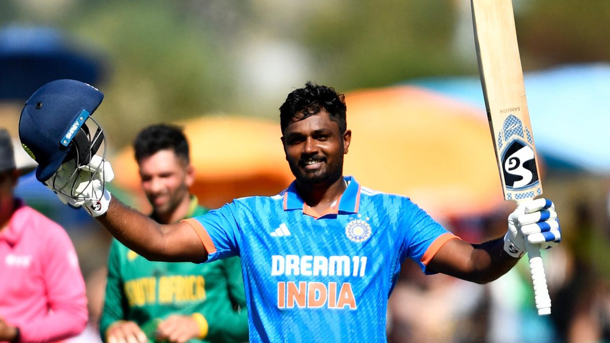 Sanju Samson (wk) of India after scoring a century during the 3rd One Day International match between South Africa and India at Boland Park on December 21, 2023 in Paarl, South Africa