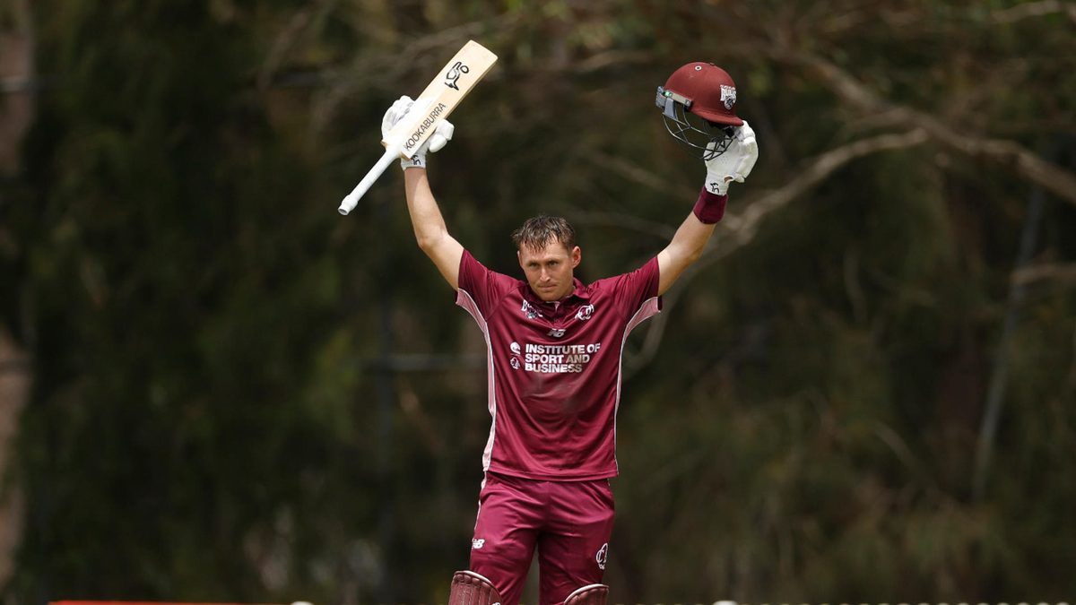 Marnus Labuschagne of Queensland raises his bat after scoring 100 runs during the One Day Cup match between New South Wales and Queensland at Cricket Central, on November 03, 2025, in Sydney, Australia