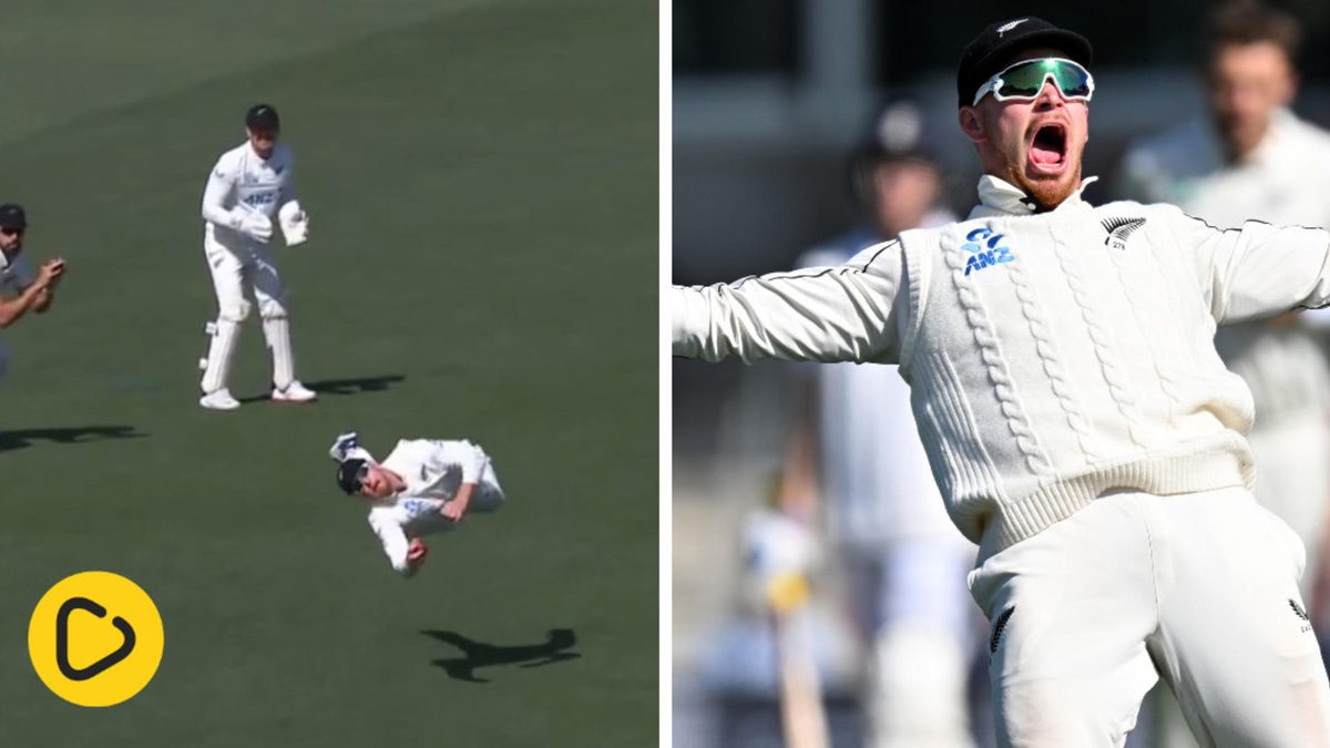 Glenn Phillips takes a stunning catch to dismiss Ollie Pope during day two of the Christchurch Test between New Zealand and England