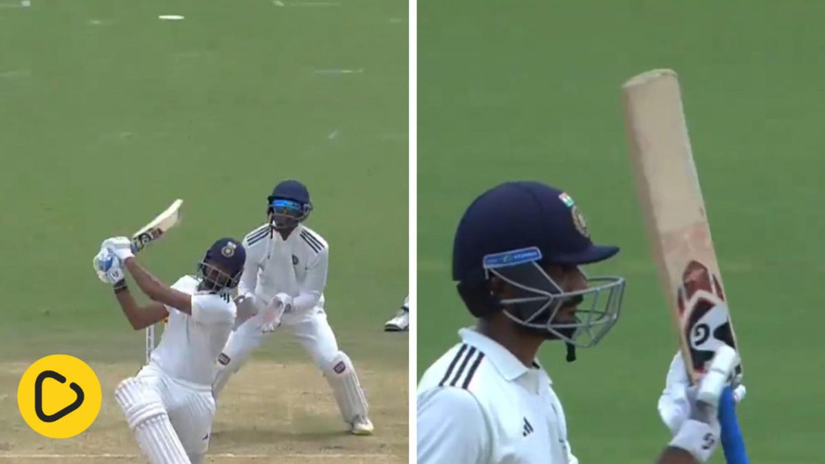 Axar Patel hits a six to reach his fifty on day one of the 2024 Duleep Trophy fixture between India D and C.