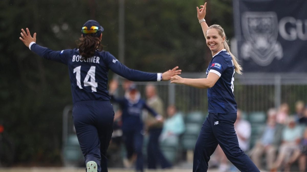 Freya Davies celebrates taking a wicket for Hampshire in the One Day Cup