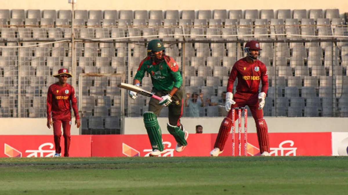 Bangladeshi batter Rishad Hossain bats against West Indies during the second match of the ODI series at Sher E Bangla Stadium in Dhaka, Bangladesh, on October 21, 2025