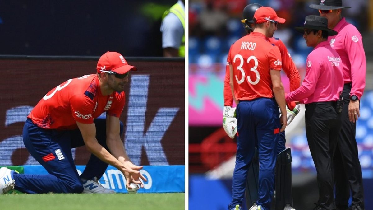 Mark Wood claims a boundary catch (L), Jos Buttler and Wood debate with the umpires after the catch is ruled out (R)