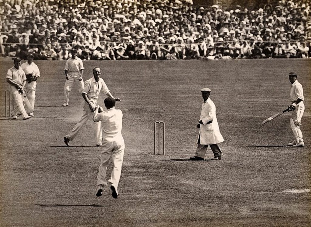 A wicket for Australia as England batsman Maurice Leyland is out