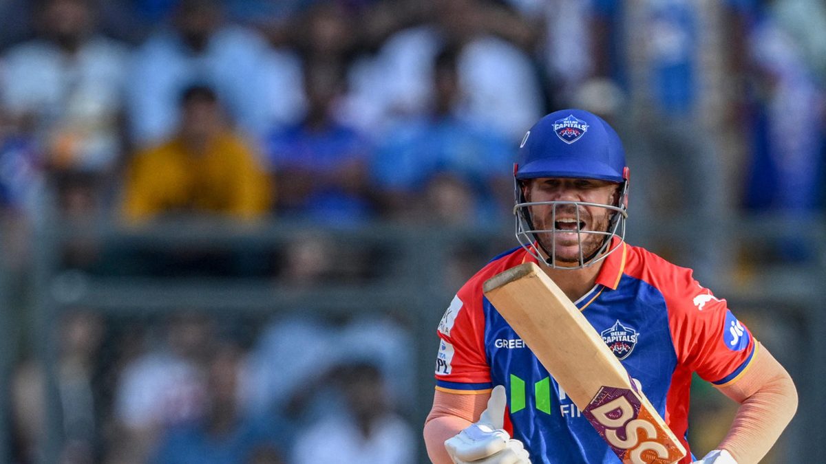 Delhi Capitals' David Warner reacts after playing a shot during the Indian Premier League (IPL) Twenty20 cricket match between Mumbai Indians and Delhi Capitals at the Wankhede Stadium in Mumbai on April 7, 2024