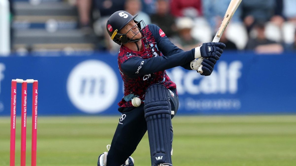 George Bartlett attempts a big shot while playing for Northants in the 2025 T20 Blast