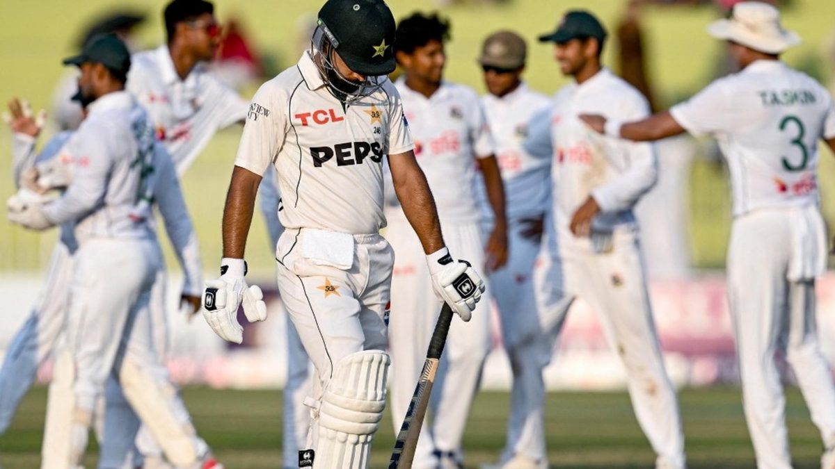 Abdullah Shafique walks back to pavilion after his dismissal in the loss against Bangladesh - Pakistan have dropped down to No.8 in the ICC Men’s Test Team rankings