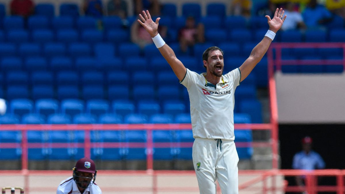 Mitchell Starc (R) of Australia appeals for leg before wicket (LBW) against Roston Chase (L) of West Indies during the 4th day of the 2nd Test match between West Indies and Australia at Grenada National Cricket Stadium, Saint George's, Grenada, on July 6, 2025