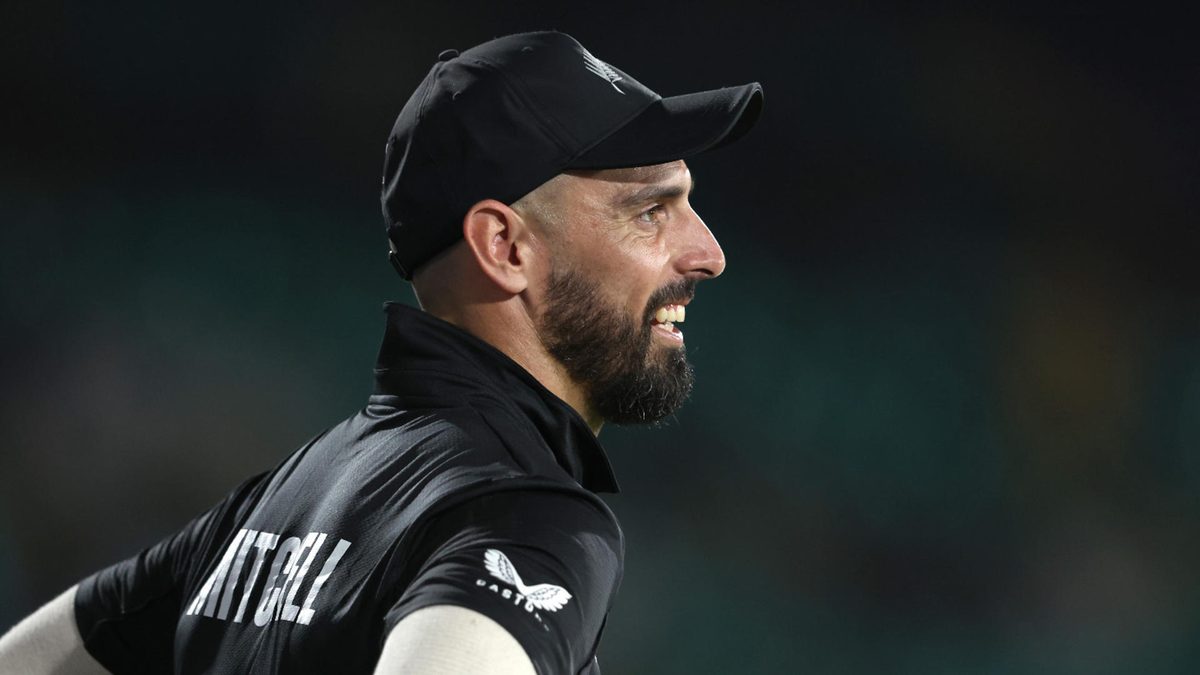 Daryl Mitchell of New Zealand looks on during the ICC Champions Trophy 2025 match between Pakistan and New Zealand at National Stadium on February 19, 2025 in Karachi, Pakistan