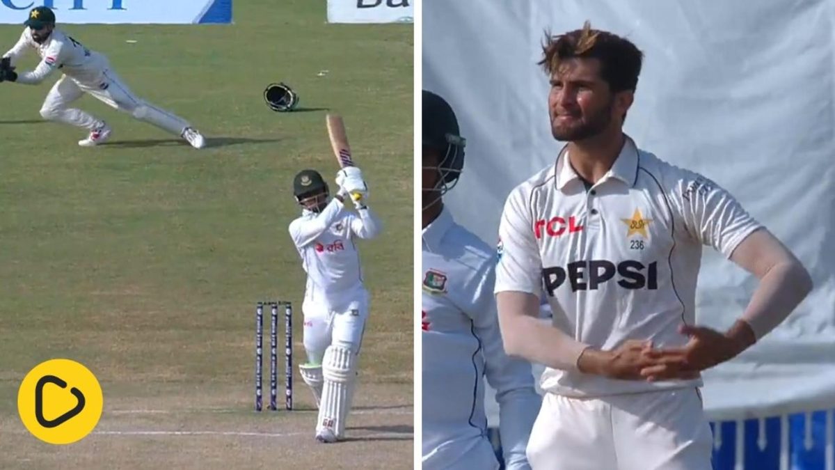Shaheen Shah Afridi nicks off a Bangladesh batter and celebrates by rocking his arms