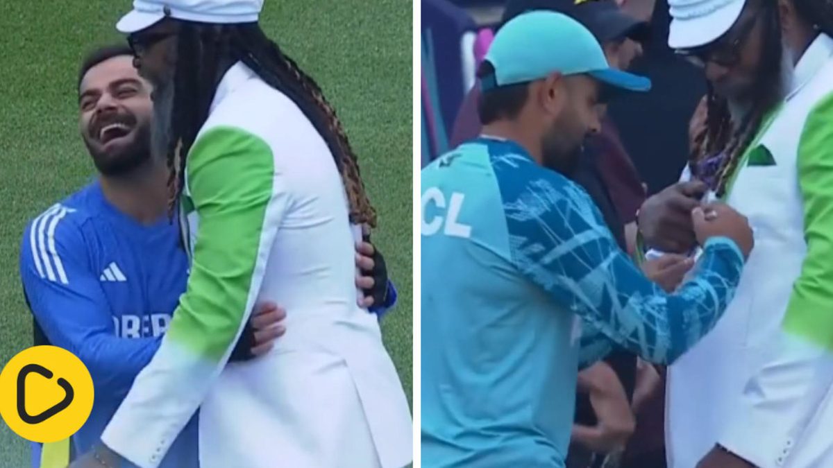 Chris Gayle gets his blazer signed before India-Pakistan T20 World Cup 2024 match