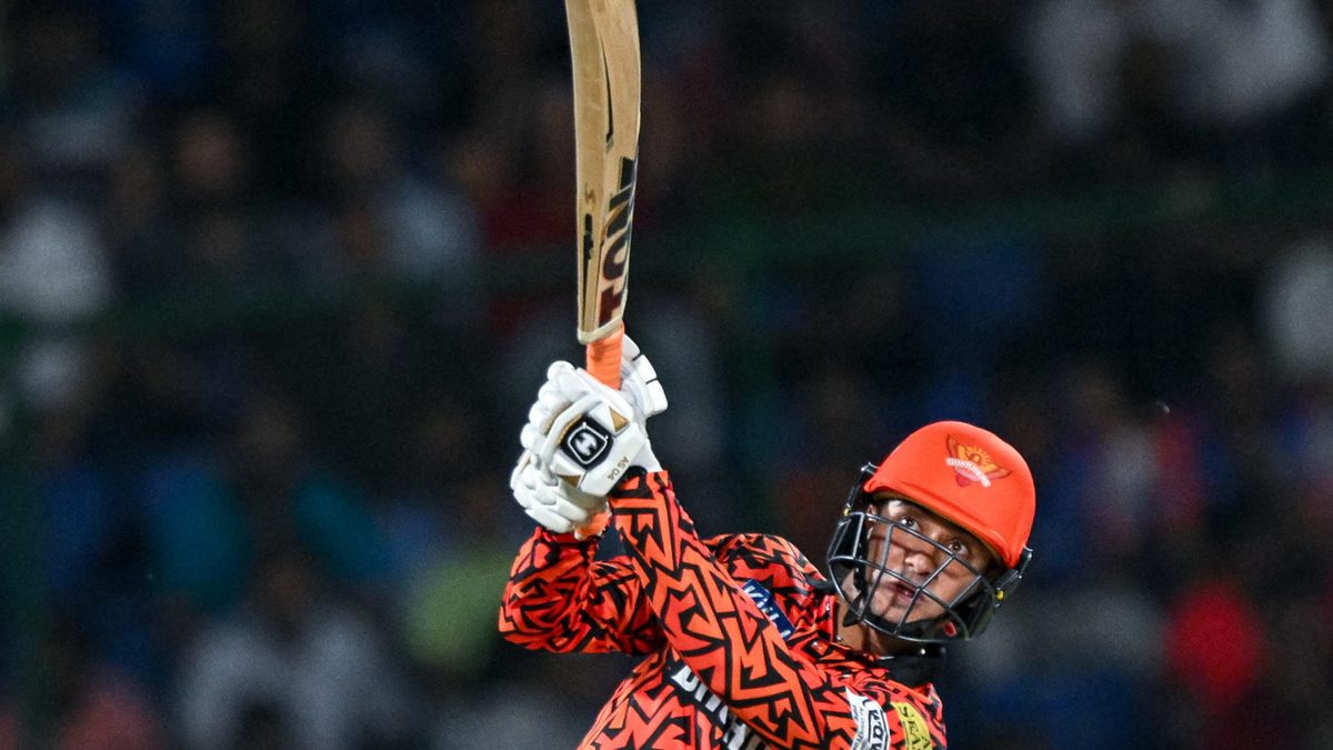 Sunrisers Hyderabad's Abhishek Sharma watches the ball after playing a shot during the Indian Premier League (IPL) Twenty20 cricket match between Delhi Capitals and Sunrisers Hyderabad at the Arun Jaitley Stadium in New Delhi on April 20, 2024.