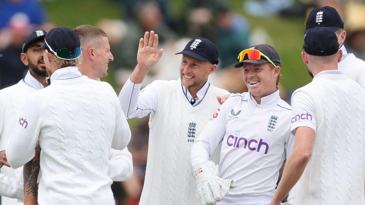 England celebrate after taking a wicket in Wellington