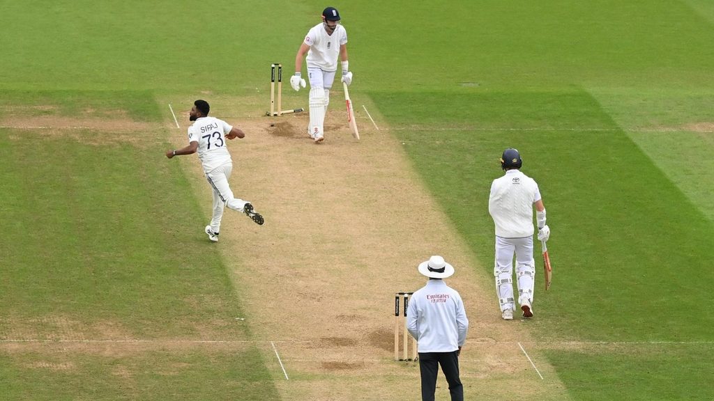 Mohammed Siraj wheels away after bowling Gus Atkinson at The Oval