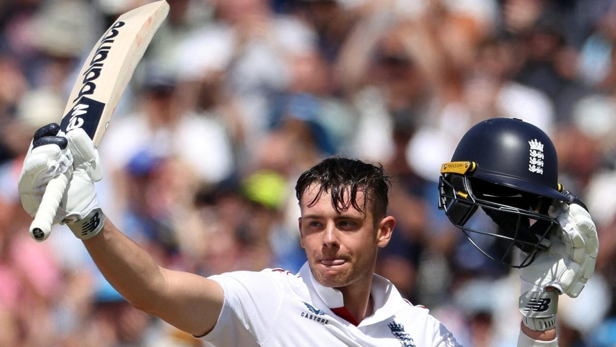 Jamie Smith celebrates scoring a century before Lunch on day three of England's Test match against India at Edgbaston
