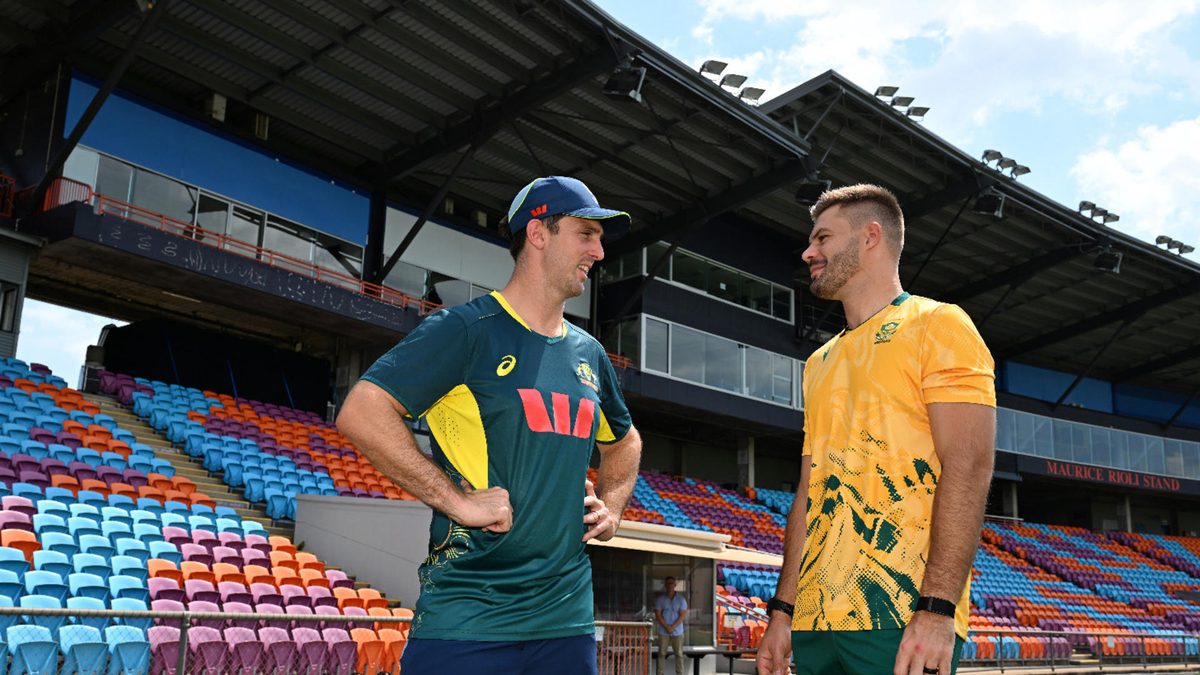 Australia team captain Mitch Marsh and South Africa team captain Aiden Markram speak during a media opportunity ahead of the Men's T20 series between Australia and South Africa at Marrara Stadium on August 08, 2025 in Darwin, Australia