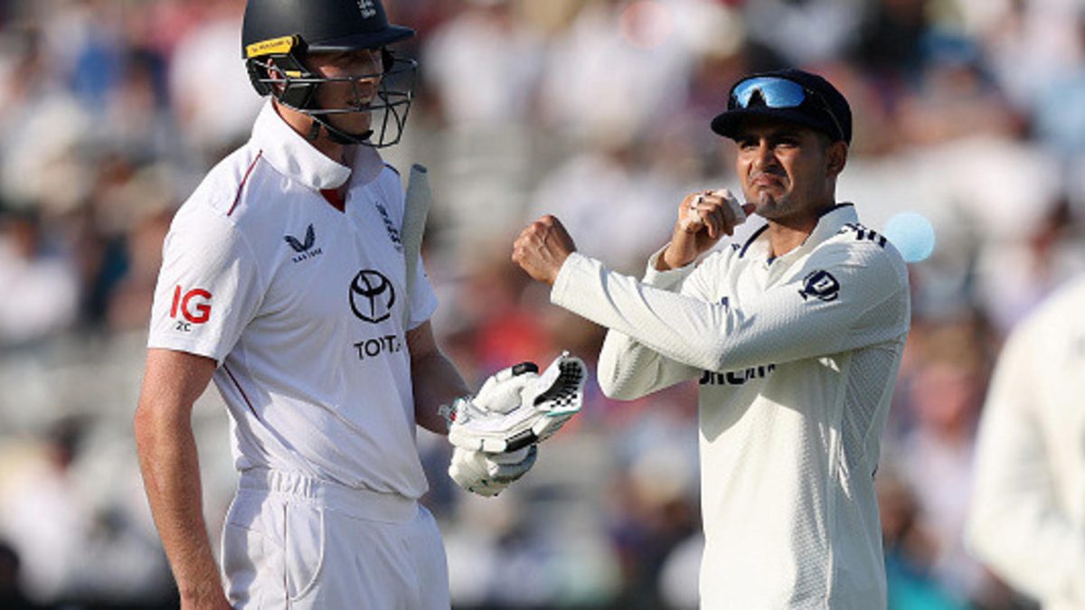 Shubman Gill of India interacts with Zak Crawley of England in the final over of the day during Day Three of the 3rd Rothesay Test Match between England and India at Lord's Cricket Ground on July 12, 2025 in London, England