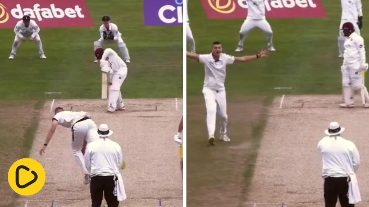 Harry Moore celebrates after dismissing Prithvi Shaw on his first-class debut for Derbyshire