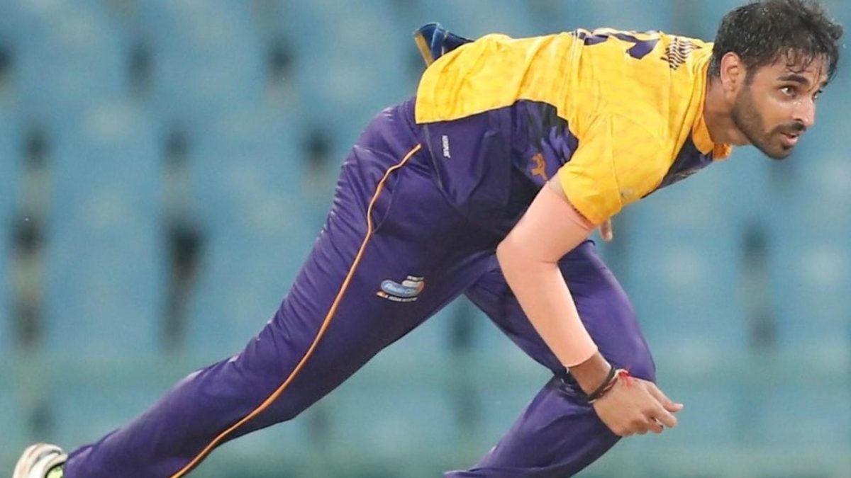 Bhuvneshwar Kumar in action in the UPT20 - he conceded only four runs in his four overs today