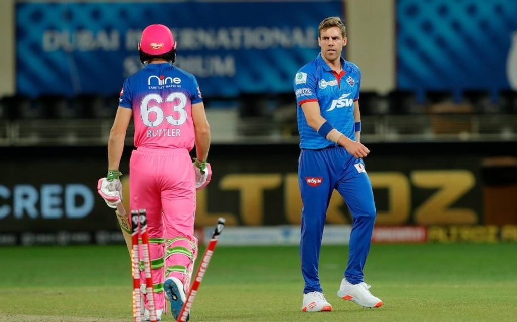 Anrich Nortje bowls Jos Buttler with 96mph delivery