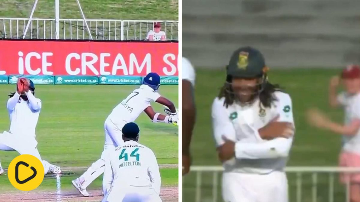 Tony de Zorzi celebrates after taking a sharp catch at short leg to dismiss Prabath Jayasuriya off Kagiso Rabada’s bowling during day three of the 2024 Durban Test between South Africa and Sri Lanka
