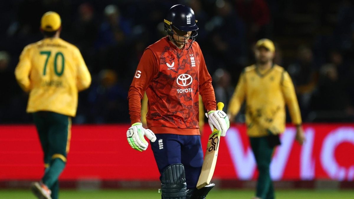 Jos Buttler walks off the field after getting out in the first T20I against South Africa at Cardiff