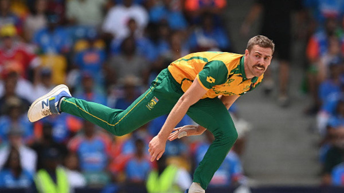 Anrich Nortje of South Africa bowls during the ICC Men's T20 Cricket World Cup West Indies & USA 2024 Final match between South Africa and India at Kensington Oval on June 29, 2024 in Bridgetown, Barbados