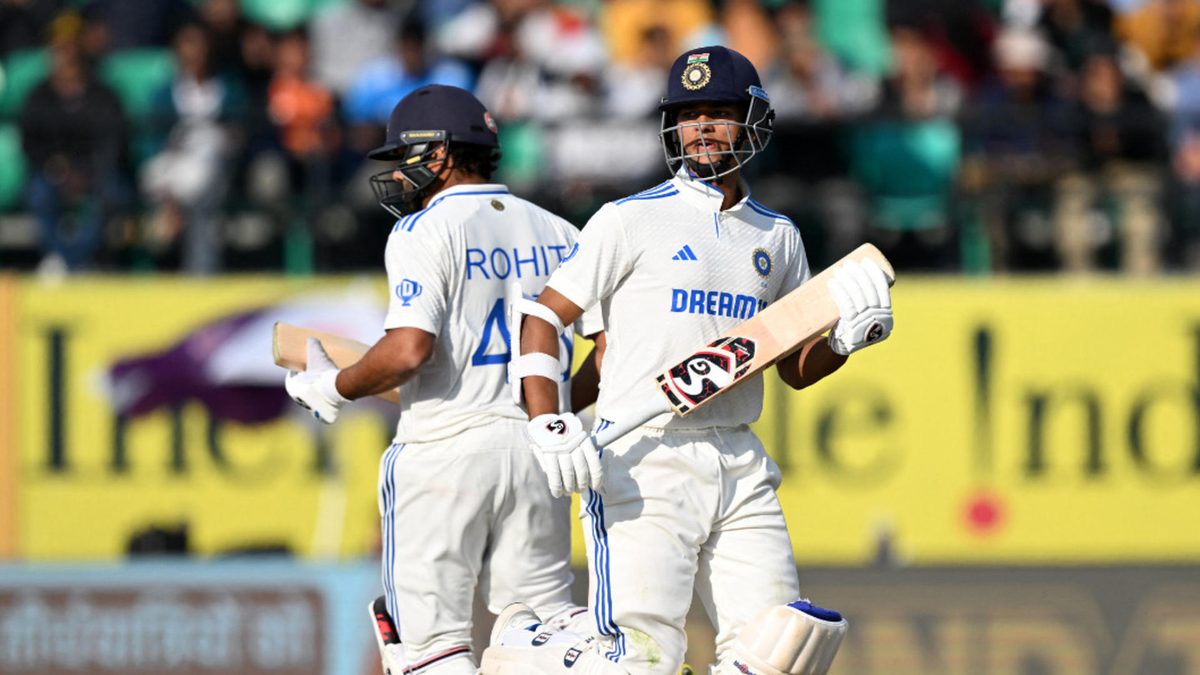 India's captain Rohit Sharma and Yashasvi Jaiswal run between the wickets during the first day of the fifth Test cricket match between India and England at the Himachal Pradesh Cricket Association Stadium in Dharamsala on March 7, 2024.